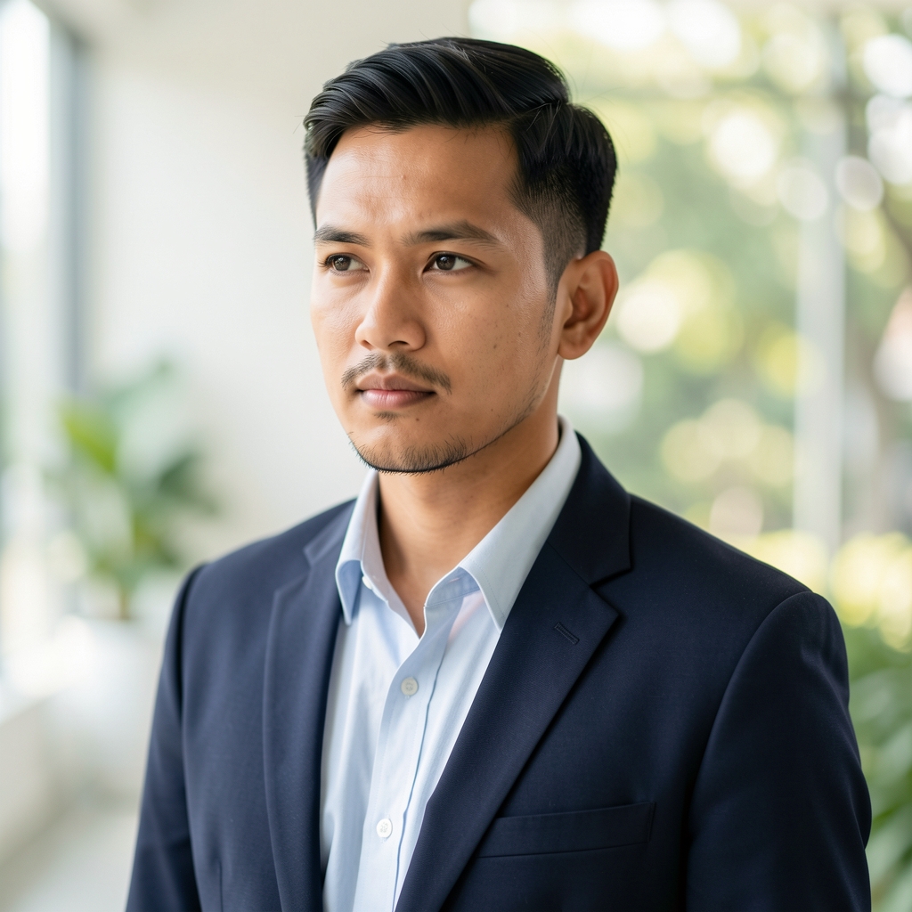 Editorial portrait of the Talone founder, a man in his late thirties standing in a bright modern Jakarta studio, natural sidelight, thoughtful expression