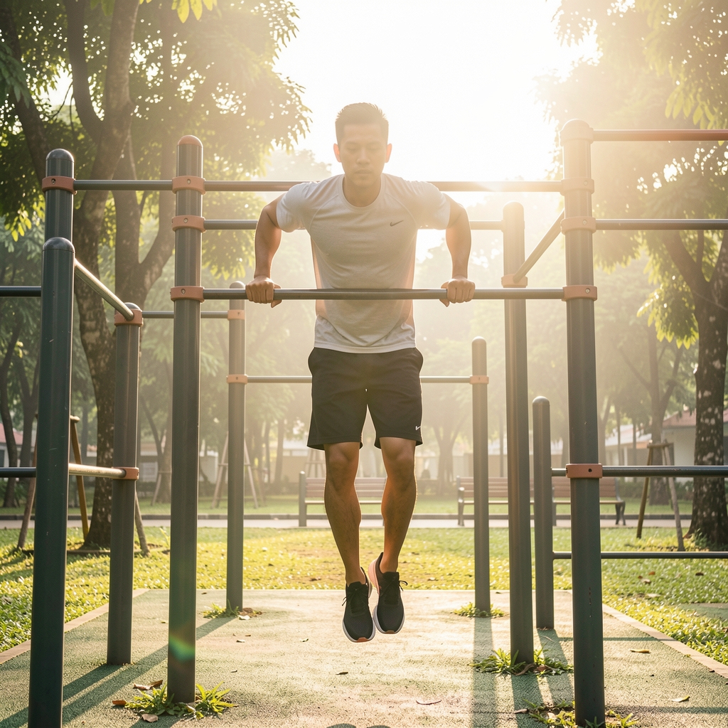 Man performing a pull-up movement on outdoor fitness bars in a Jakarta park at early morning, strong overhead natural light