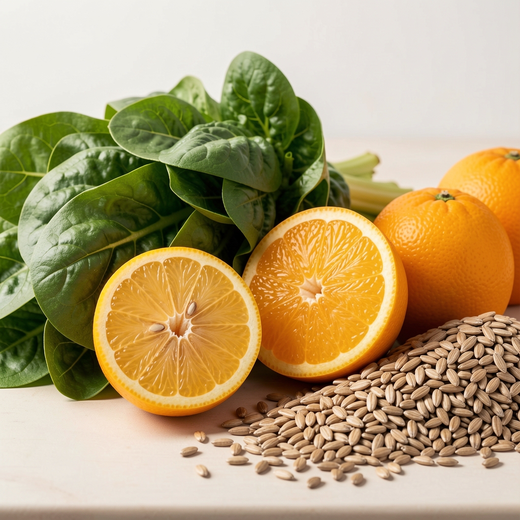 Close-up of fresh produce arranged on a light surface — leafy greens, citrus fruit, and whole grains representing balanced nutrition guidance
