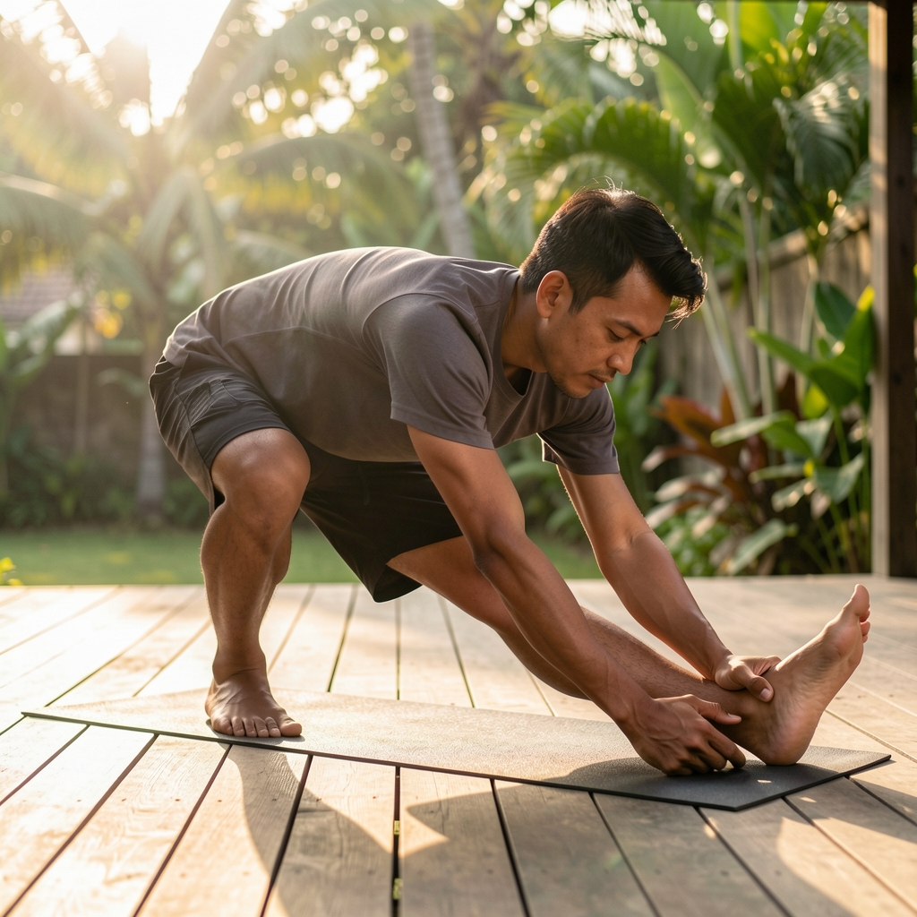 Indonesian man in an outdoor fitness setting, morning light, performing a deliberate stretching routine on a wooden deck