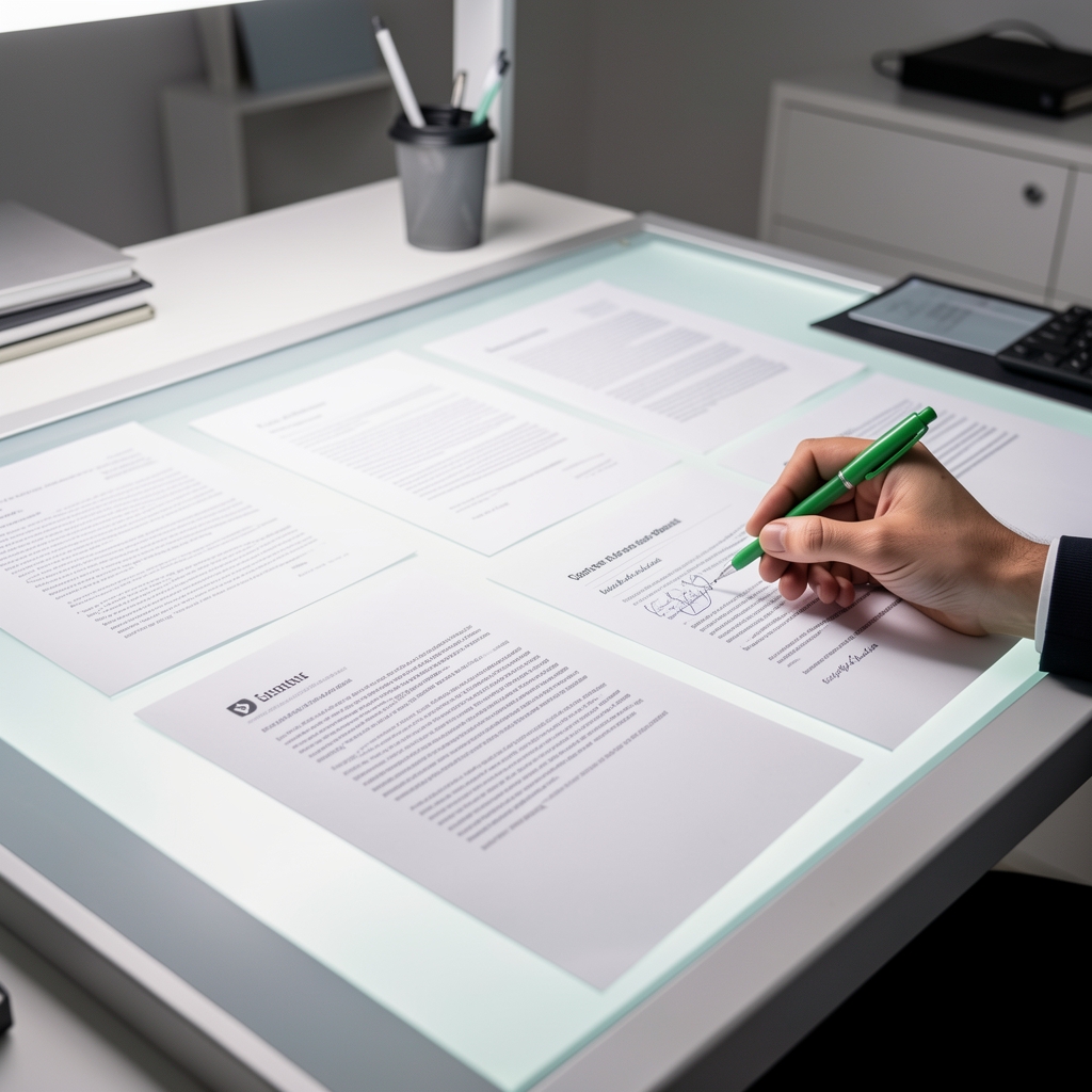 Editorial review session — printed documents spread on a light table in a clean workspace under controlled bright studio lighting, annotated with a green pen