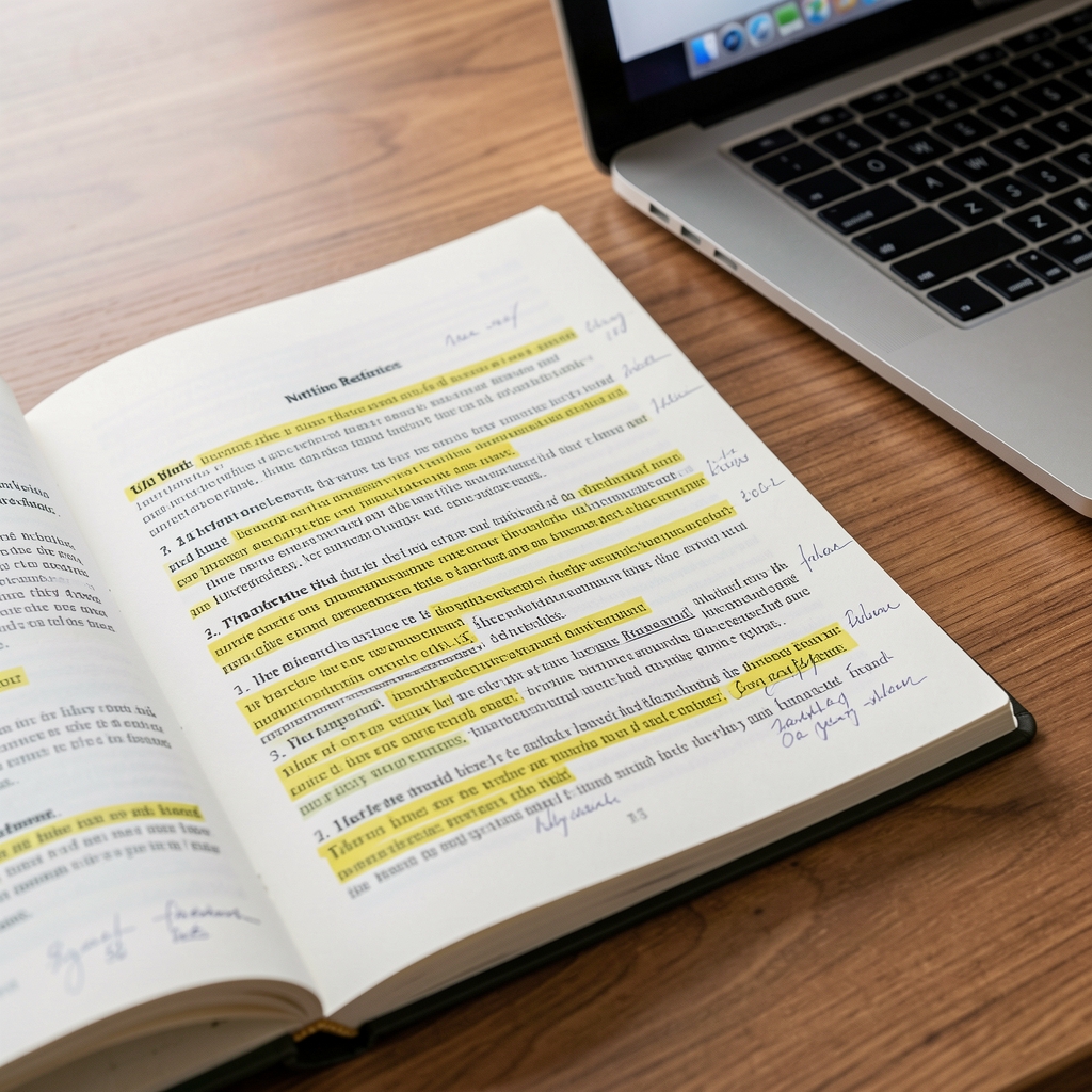 Close-up of a nutrition reference text open on a desk beside a laptop, multiple highlighted passages and handwritten notes in the margins