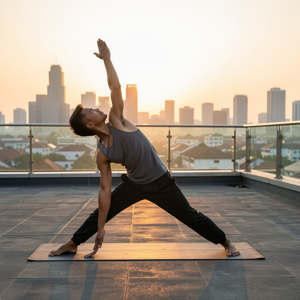 Man performing a sun salutation stretch on a rooftop in Jakarta at sunrise, golden morning light, urban skyline in the background