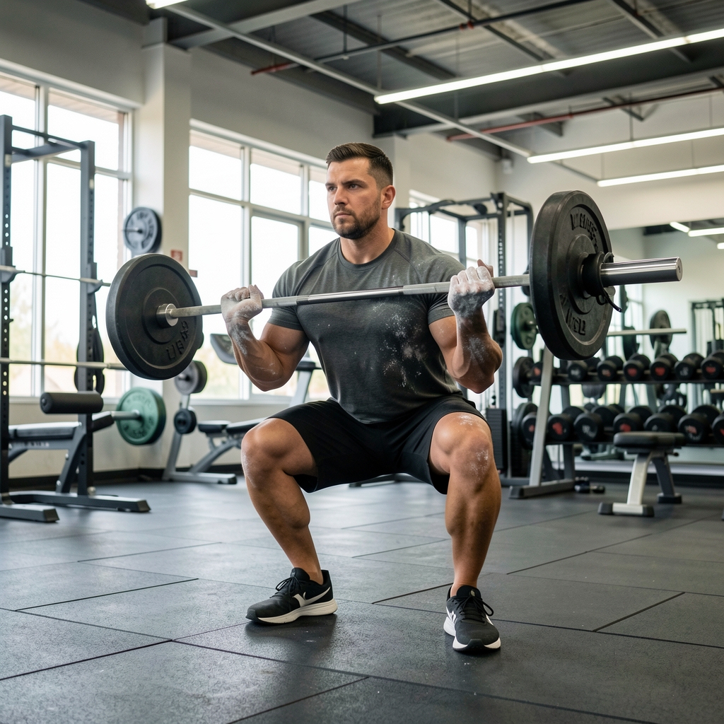Man performing a barbell squat in a well-lit functional fitness gym, chalk on hands, focused expression, clean equipment
