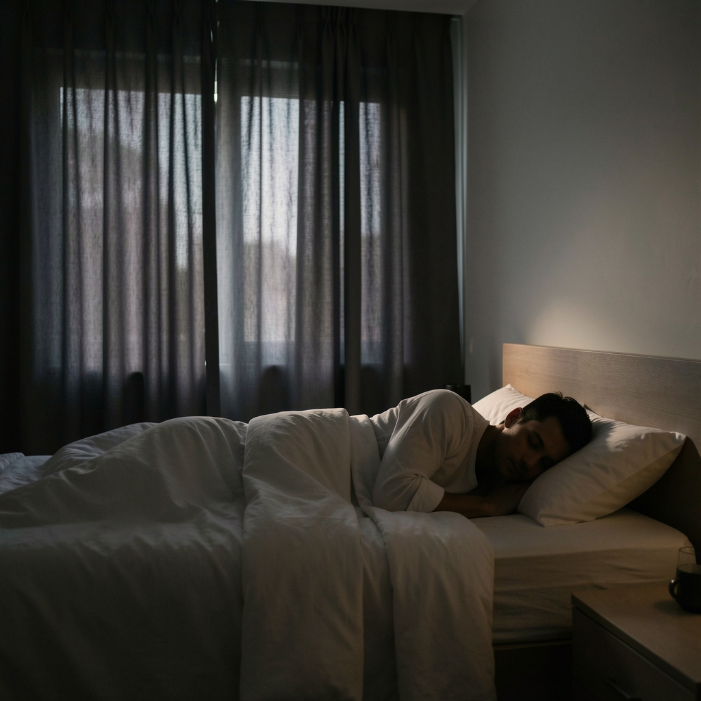 A quiet, minimalist bedroom with dark curtains partially drawn, a sleeping man silhouetted in low ambient light, representing sleep quality