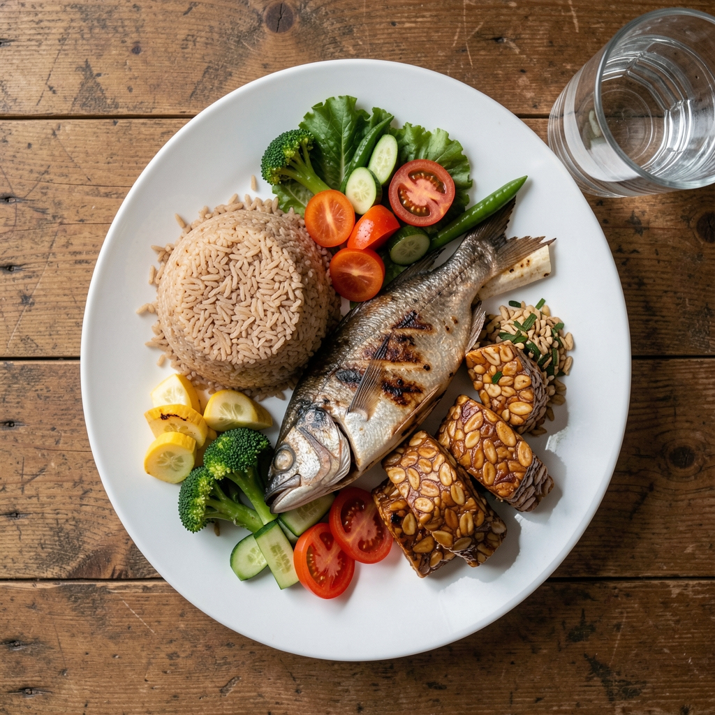 Overhead view of a balanced meal spread on a wooden table — brown rice, grilled fish, vegetables, tempeh, and a glass of water representing Indonesian whole-food nutrition