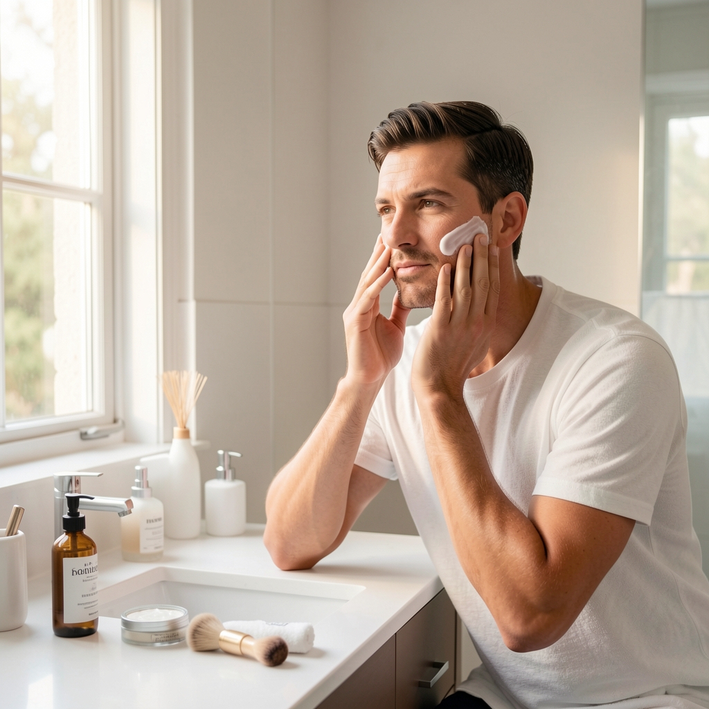 Man applying a facial moisturiser at a clean bathroom vanity, soft natural morning light, grooming essentials laid out on a white surface