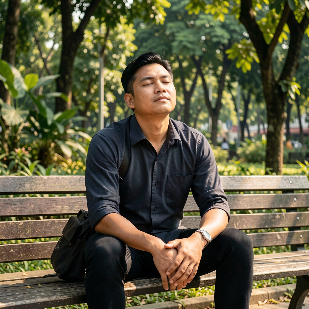 Man sitting at a park bench in a Jakarta green space, eyes closed, hands resting on knees in a brief midday pause from work, dappled sunlight