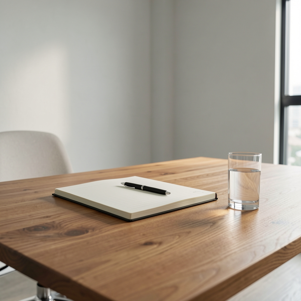 Clean editorial workspace with a timber desk, notebook, pen, and glass of water, studio lighting, minimal Jakarta office interior