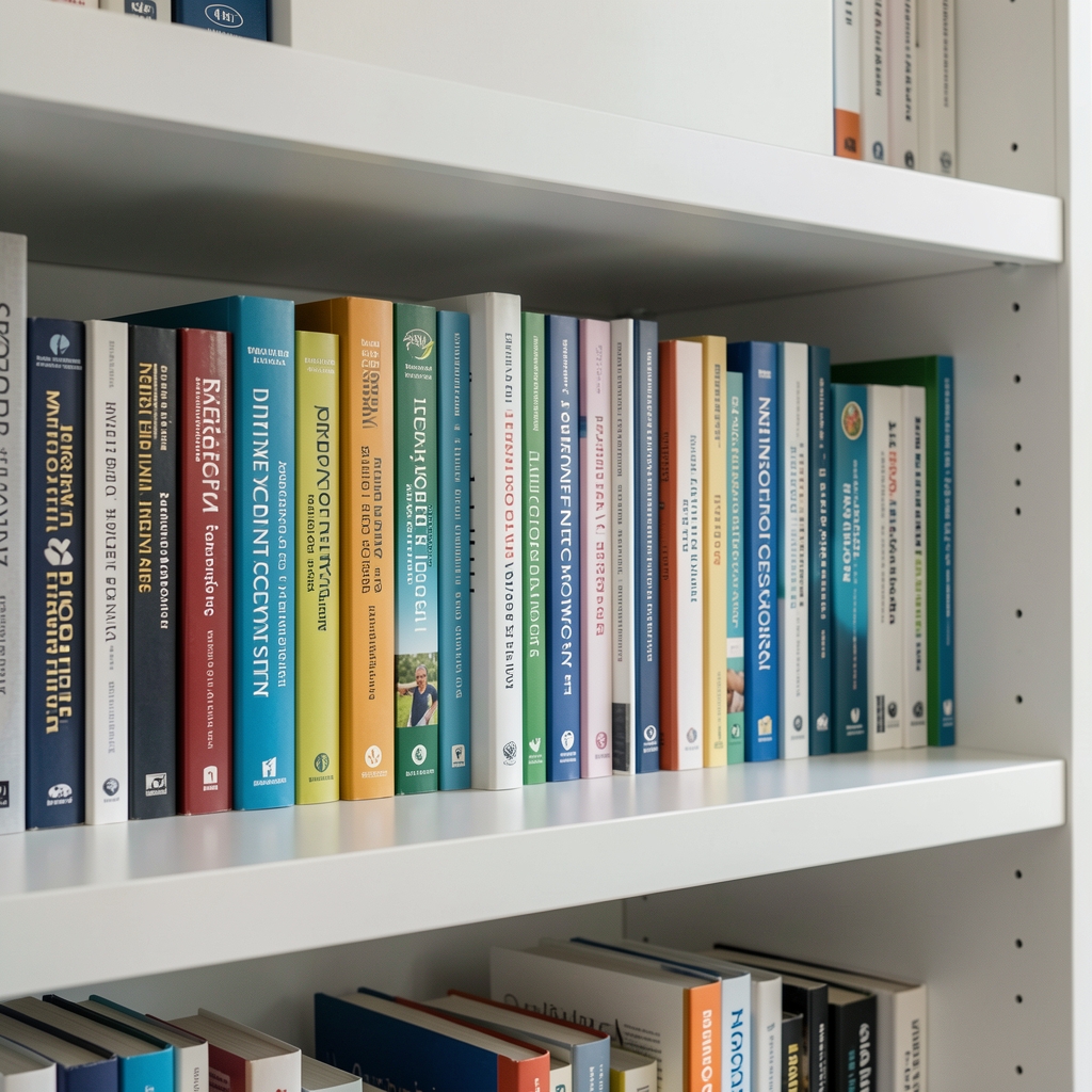Wall of reference books on nutrition and movement science arranged on a white shelf in a clean workspace environment