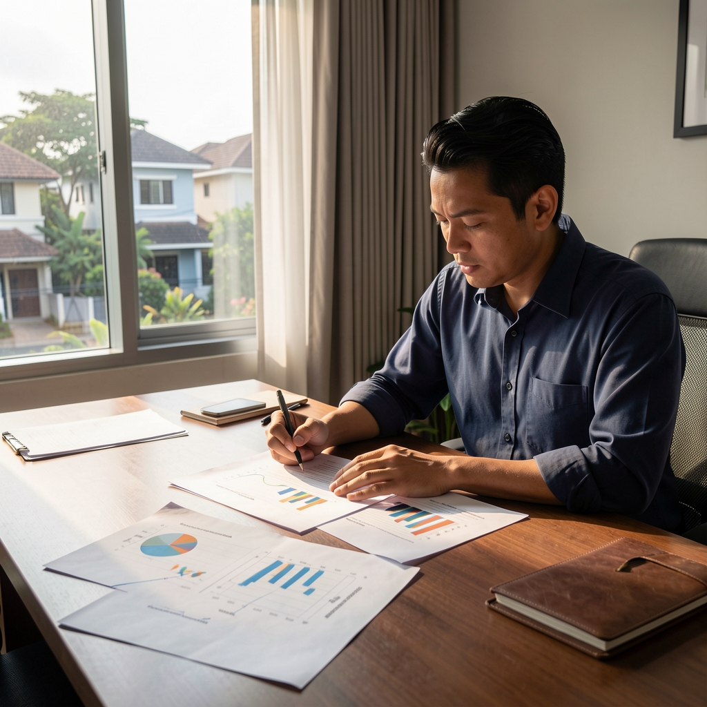 Man reviewing printed notes and charts on a large desk, morning light through a window, Jakarta residential neighbourhood visible outside